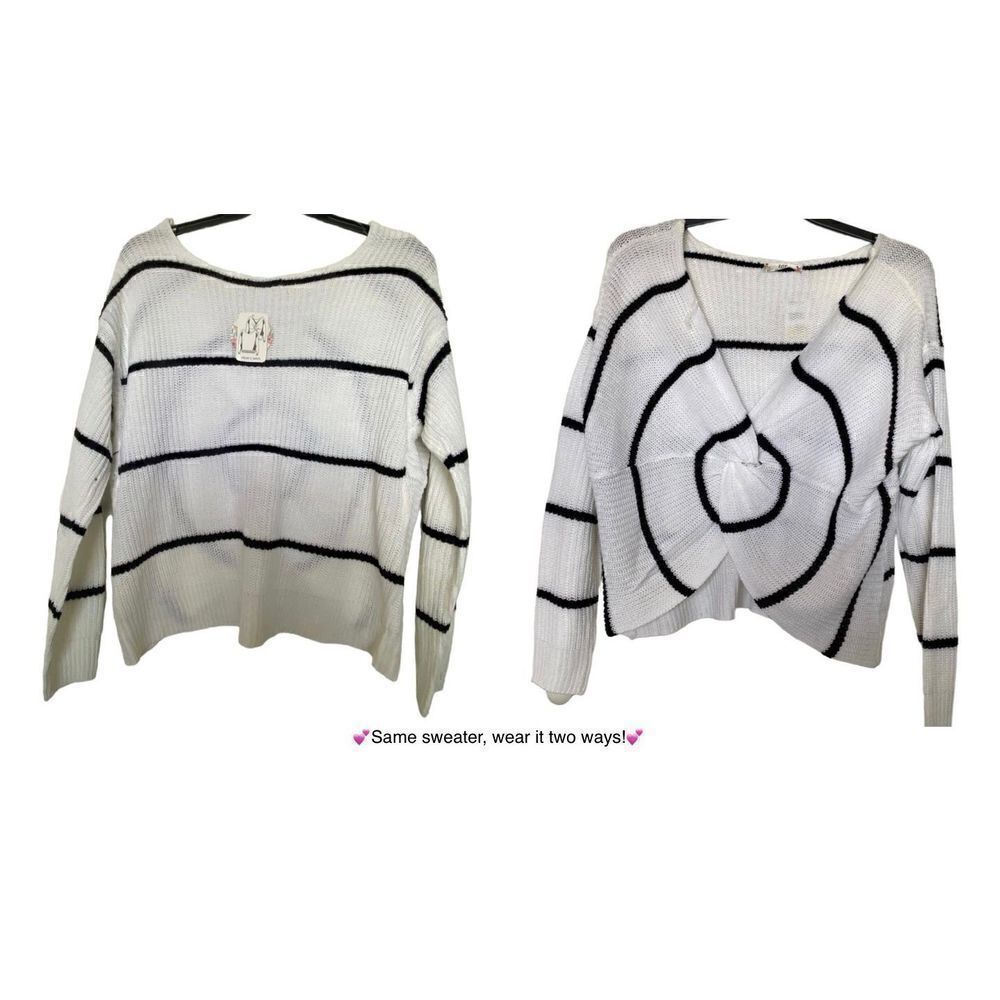 FULL CIRCLE TRENDS 1X 2-WAY WHITE/Black Stripe LONG SLEEVE SWEATER